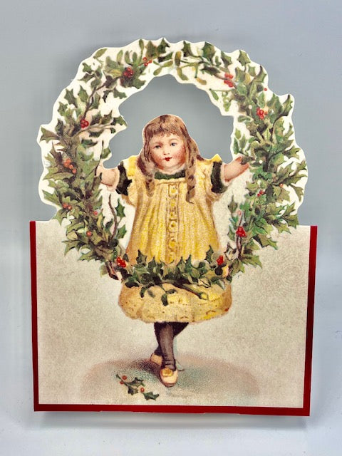 Nostalgische Weihnachtskarte Mädchen mit Kranz