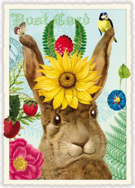Postkarte Hase mit Blumenhut