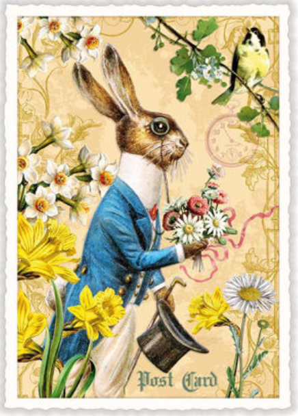 Postkarte Hase mit Blumenstrauss